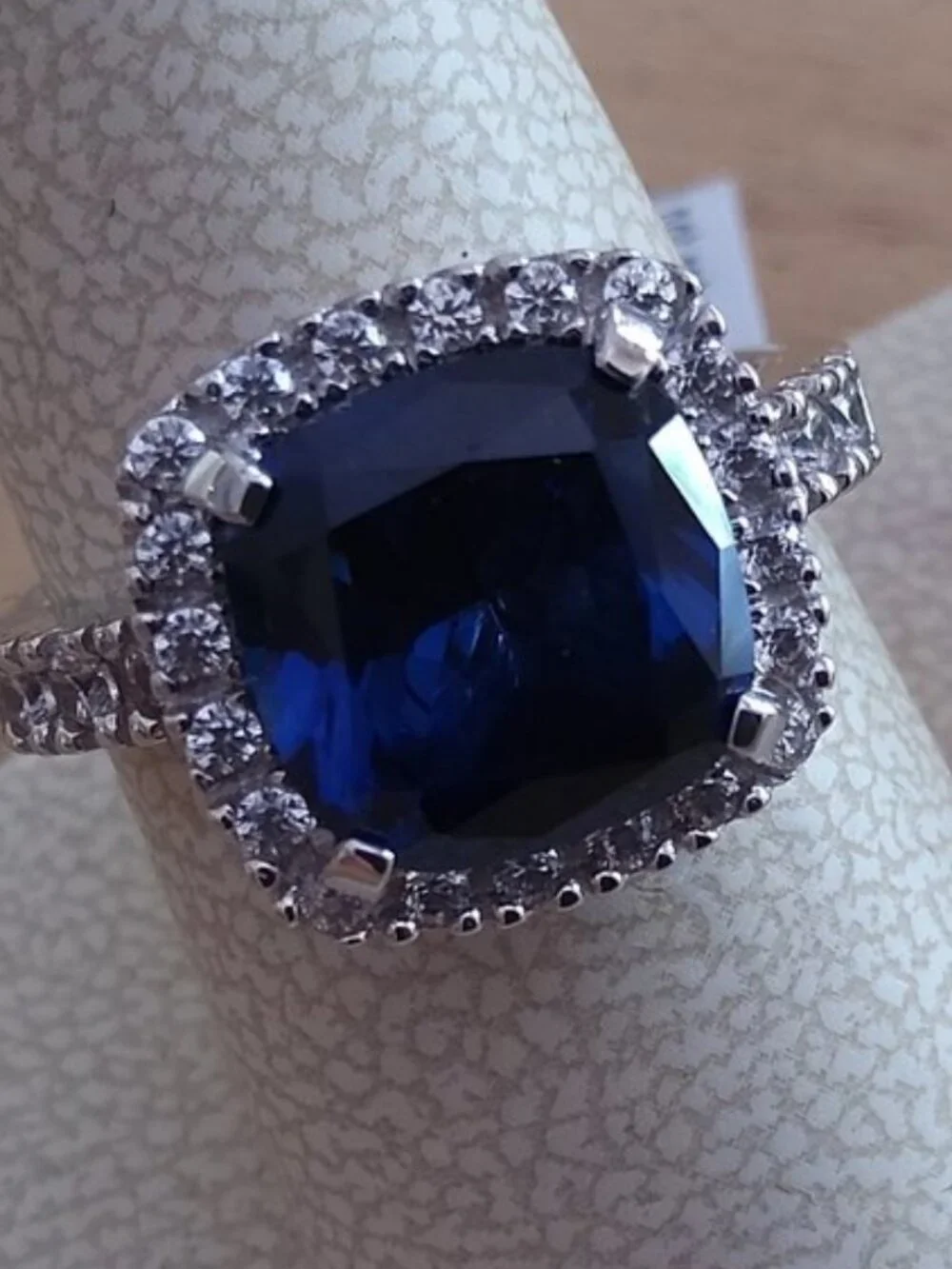 Blue sapphire Cushion Cut CZ Halo Ring